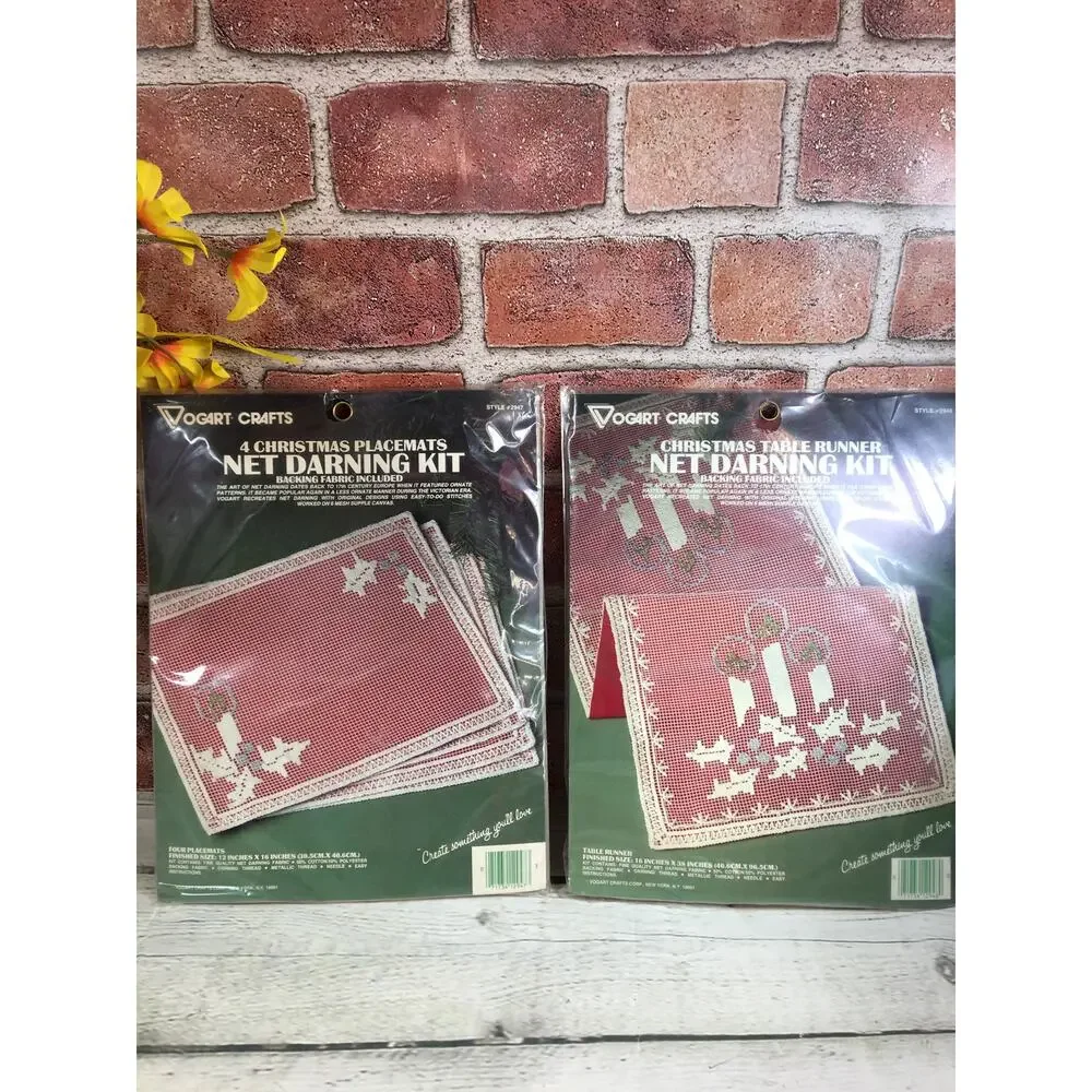 2 Unopened Vogart Crafts Christmas Net Darning Kits Placemats & Table Runner